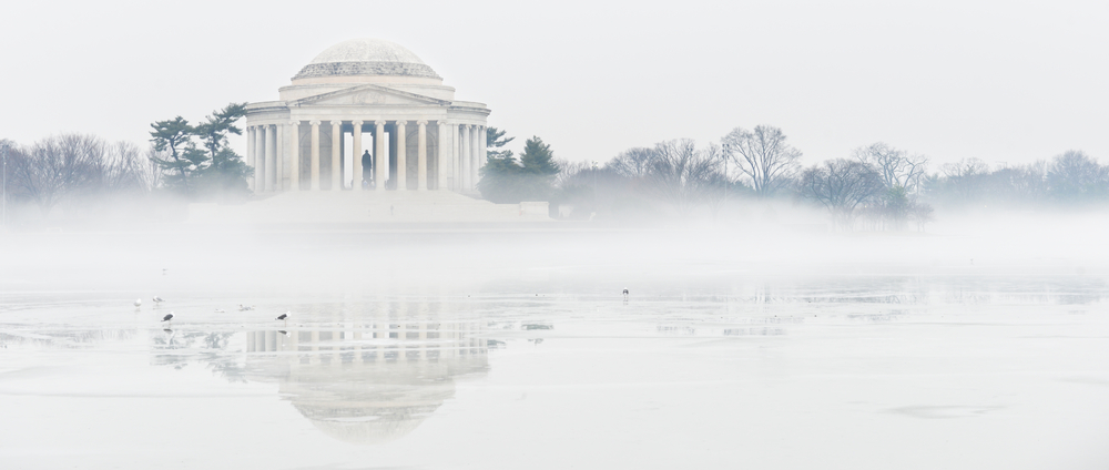 Jefferson Memorial on foggy winter day